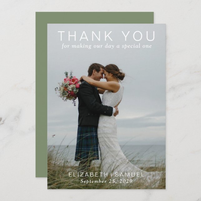 Cartão De Agradecimento Verde de Foto de Casamento do Casal Moderno (Frente/Verso)