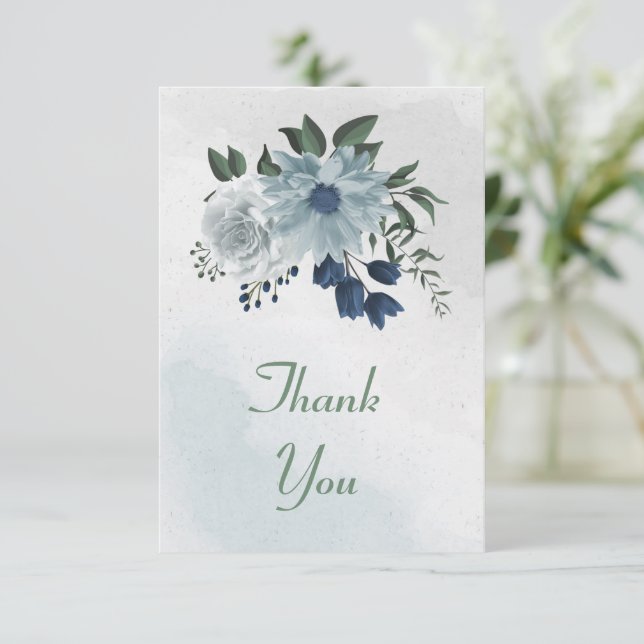 Cartão De Agradecimento verde floral branco e azul (Em pé/Frente)