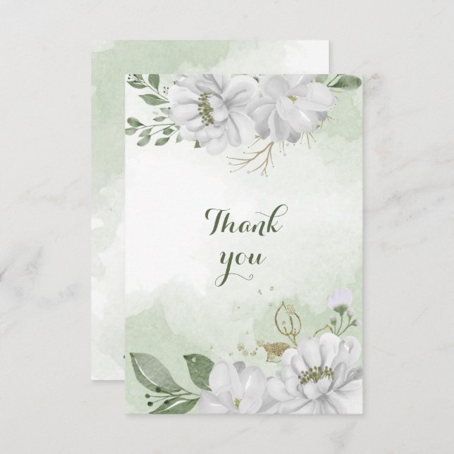Cartão De Agradecimento verde-flores brancas (Frente/Verso)
