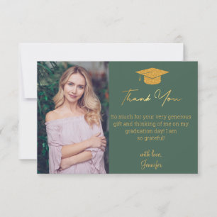 Cartão De Agradecimento verde-foto de graduação em dourado elegante