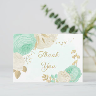 Cartão De Agradecimento verde menta e flores brancas dourado floral casame