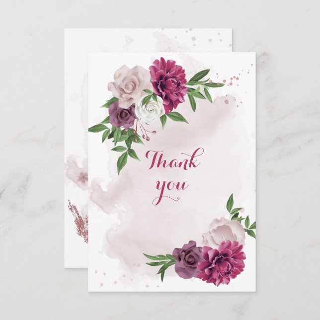 Cartão De Agradecimento verde-verde-flores-mauve-rosa (Frente/Verso)