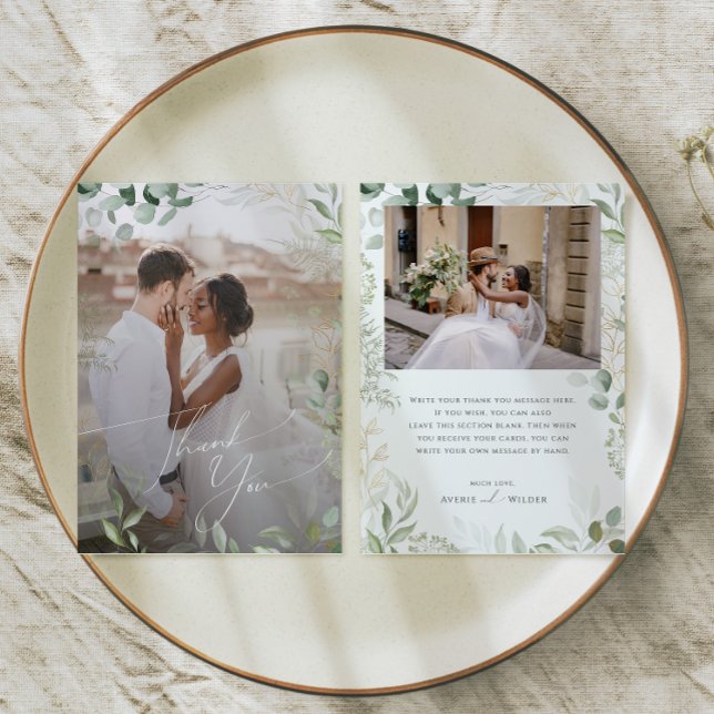 Cartão De Agradecimento Verde Whimsical e Dourada fotografia achatada (Criador carregado)