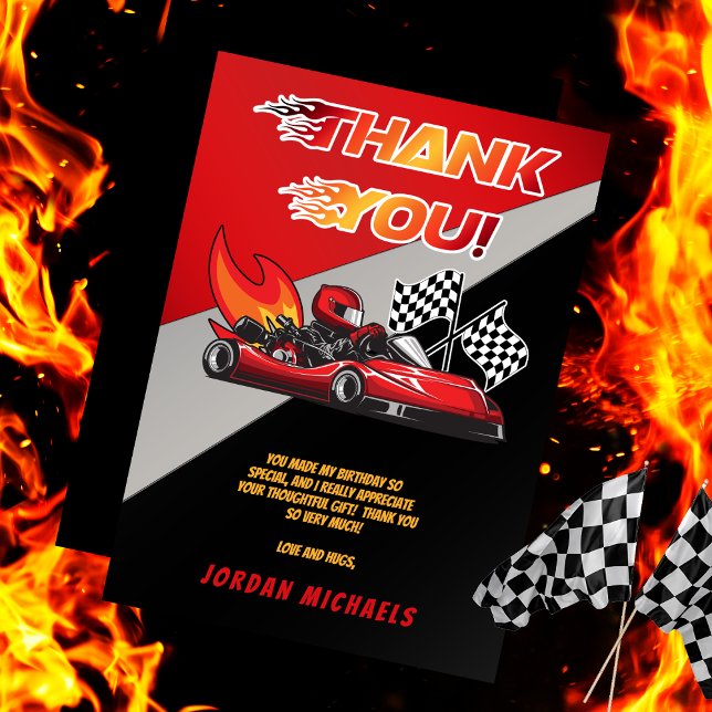 Cartão De Agradecimento Vermelha | Black Go Kart Racing Birthday (Red and Black Go Kart Racing Kid's Birthday Party Thank You Card)