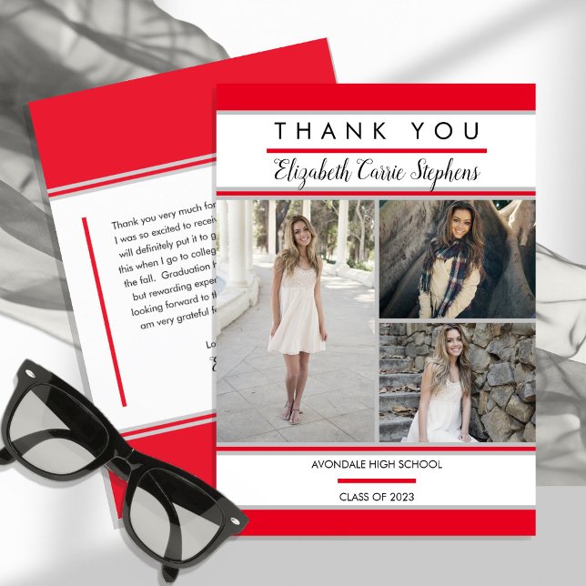 Cartão De Agradecimento Vermelho de Foto Clássico Três Simples | Graduação (Criador carregado)