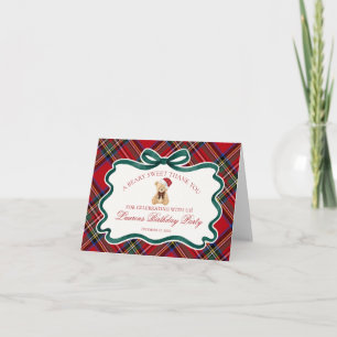 Cartão De Agradecimento Vermelho TartanPlaid Urso de Natal Aniversário Obr