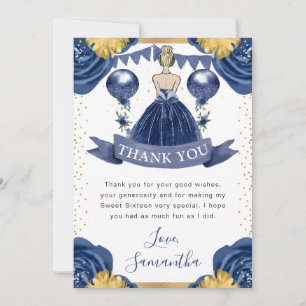 Cartão De Agradecimento Vestido Azul Marinho Princesa Loira Sweet 16