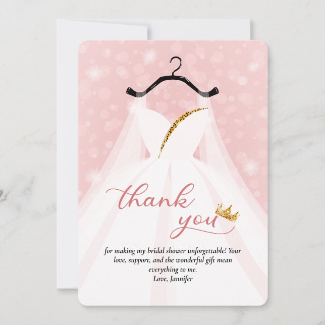 Cartão De Agradecimento Vestido de Casamento Dourado e Rosa Elegante (Frente)