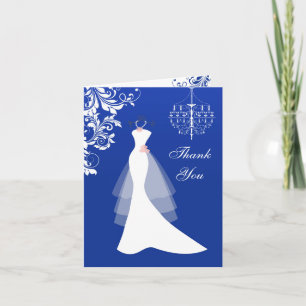 Cartão De Agradecimento Vestido de noiva, lustre em azul real Obrigado