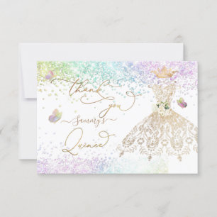 Cartão De Agradecimento Vestido de Quinze Anos Dourado Brilhante Branco Ob