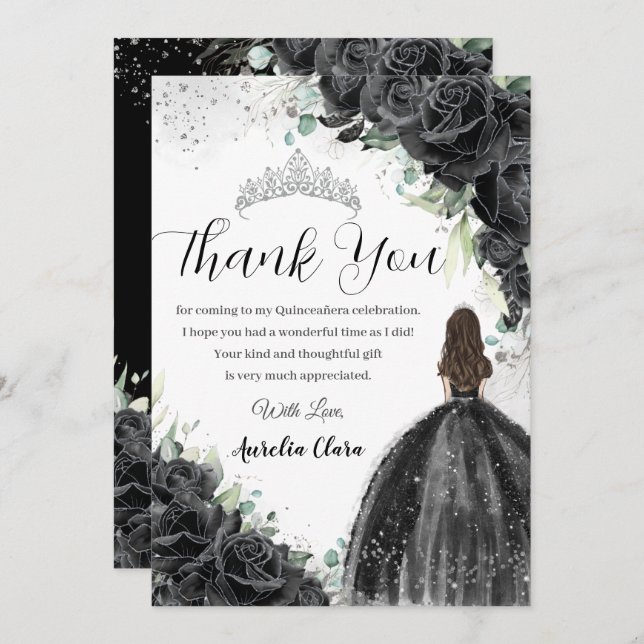 Cartão De Agradecimento Vestido Floral Negro Silver Quinceañera Sweet 16 X (Frente/Verso)