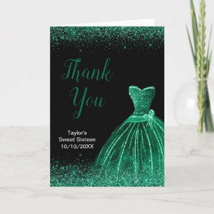 Cartão De Agradecimento Vestido Verde Escuro Faux Glitter Doce 16 Aniversá