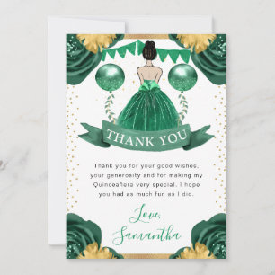 Cartão De Agradecimento Vestido Verde Princesa Morena de Cabelo Quinceaner
