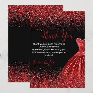 Cartão De Agradecimento Vestido Vermelho Brilhante Quinceanera Brilho Fals