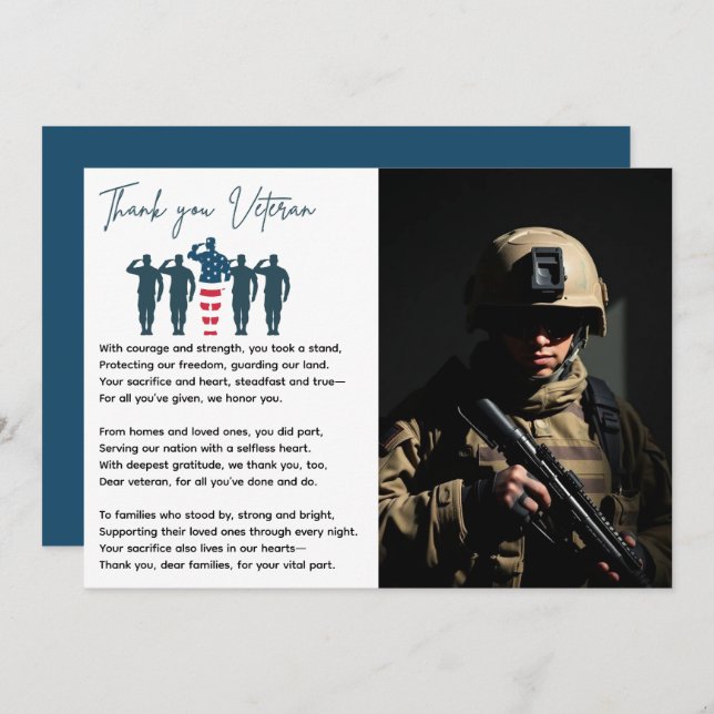 Cartão De Agradecimento Veteranos Obrigado | Apreciação Patriótica (Frente/Verso)