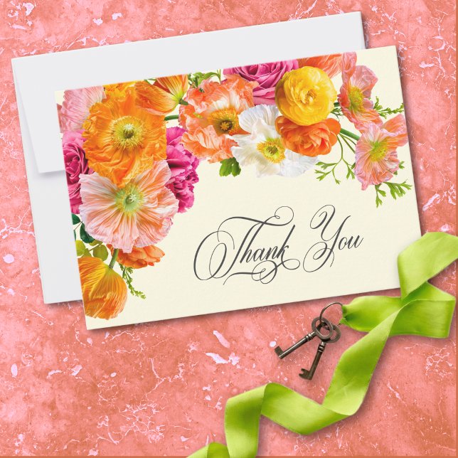 Cartão De Agradecimento Vibrant Summer Floral Yellow Orange Pink Wedding (Vibrant Summer Floral Yellow Orange Pink Wedding Thank You Card)