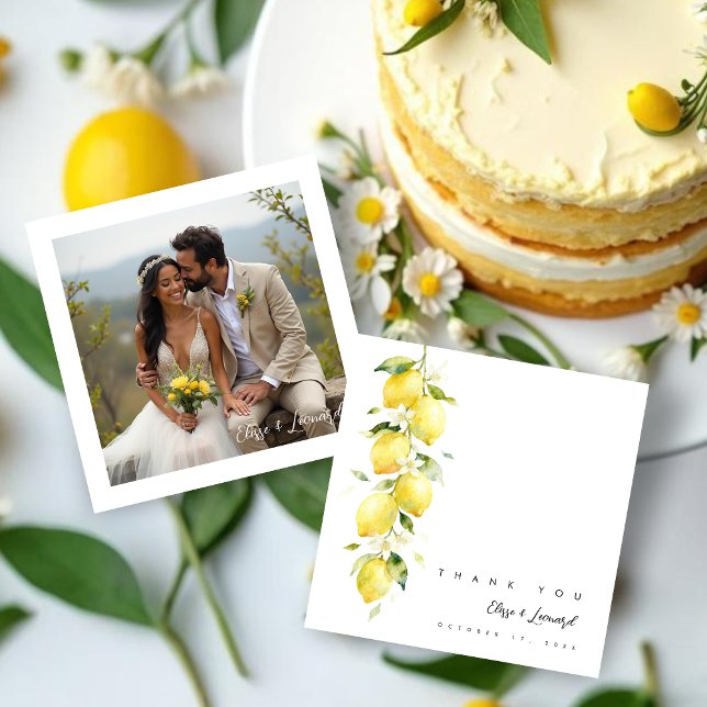 Cartão De Agradecimento Vibrant Timeless Lemons Branches Wedding Photo (Vibrant Timeless Lemons Branches Wedding Thank You Cards with Back Photo.)