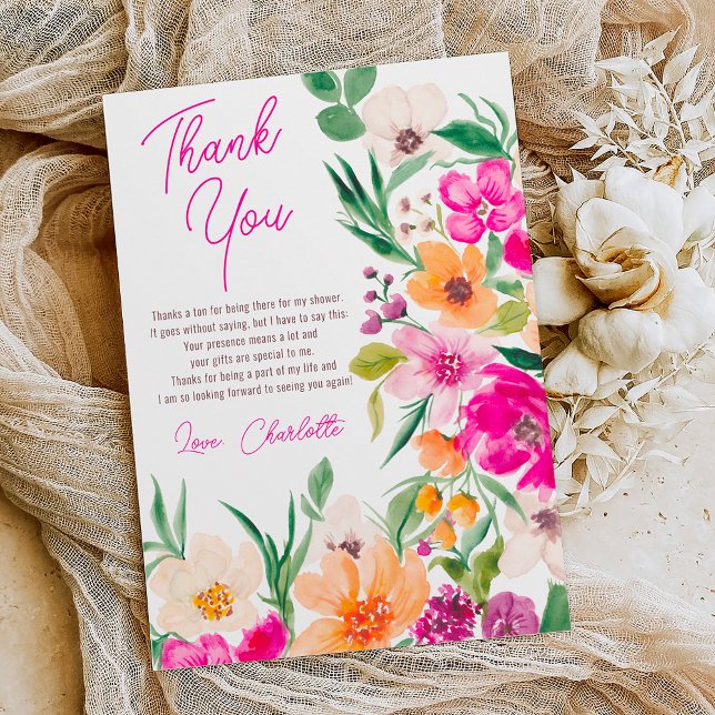 Cartão De Agradecimento Vibrantes flores silvestres brilhantes para chá de (Bright bold wild flowers script bridal shower thank you card on white)