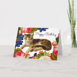 Cartão De Agradecimento Victorian Floral Butterfly Cat Nap Happy Birthday