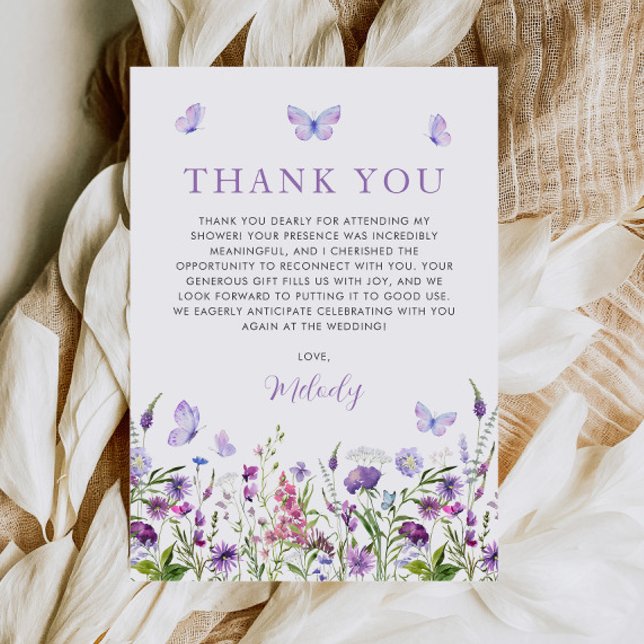 Cartão De Agradecimento Vida de Borboletas Chá de Noiva com Flores Silvest (Lifetime of Butterflies Wildflower Bridal Shower Thank You Card)
