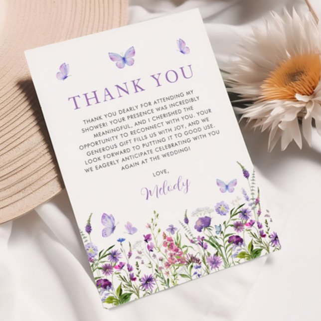 Cartão De Agradecimento Vida de Borboletas Chá de Noiva das Flores Silvest (Lifetime of Butterflies Wildflower Bridal Shower Thank You Card)