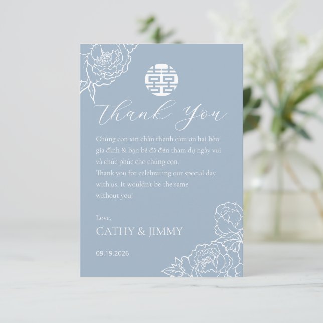 Cartão De Agradecimento Vietnamese Wedding Peony Dusty Blue Thank You Card (Em pé/Frente)