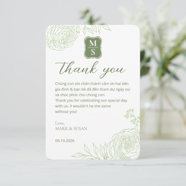 Cartão De Agradecimento Vietnamese Wedding Ranunculus Green Thank You Card (Em pé/Frente)