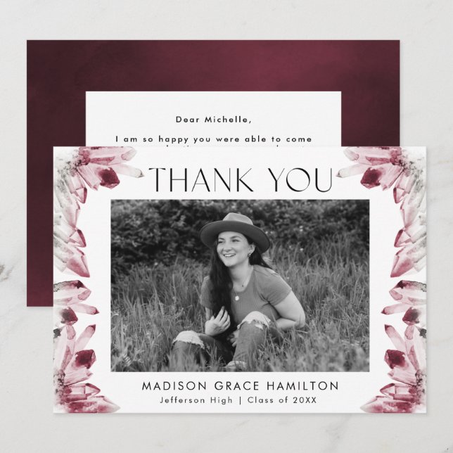 Cartão De Agradecimento Vinho Berry Watercolor Crystals Graduação Fotográf (Frente/Verso)