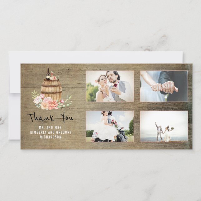 Cartão De Agradecimento Vinho Floral Rosa Barrel Rustic Obrigado Casamento (Frente)