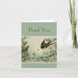 Cartão De Agradecimento Vintage Birds and Flowers Dark Green Thank You