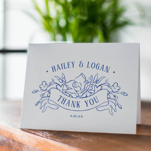 Cartão De Agradecimento Vintage Blue Floral Frame Elegante Casamento