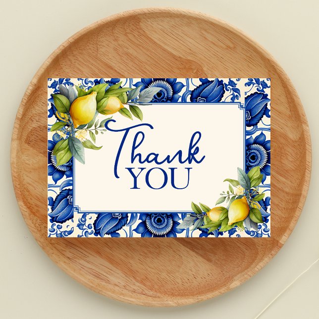 Cartão De Agradecimento Vintage Blue Tile Yellow Lemons  (Vintage Blue Tile Yellow Lemons Thank You Card)