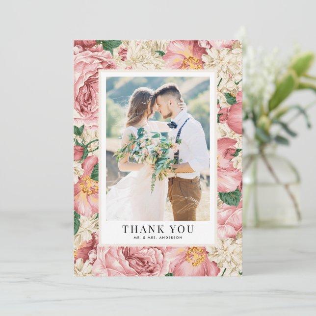 Cartão De Agradecimento Vintage Blush e Ivory Flowers Foto de Casamento (Em pé/Frente)