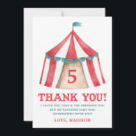 Cartão De Agradecimento Vintage Circus Tent Birthday Obrigado<br><div class="desc">Obrigados convidados por virem celebrar o aniversariante ou menina com o nosso aniversário de Tent Circus de Vintage. Obrigado, cartas. O adorável tema do circo, obrigado cartas, apresenta uma tenda colorida de circo com coloração d'água com tipografia vermelha vintage. Personalize as cartas de agradecimento adicionando a mensagem do nome, idade...</div>