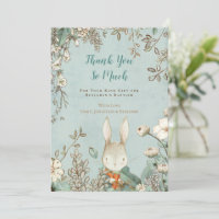 Vintage Cute Bunny Floral Green Baptism Obrigado