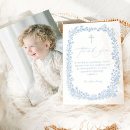Cartão De Agradecimento Vintage Floral Toile Light Blue Baptism