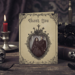 Cartão De Agradecimento Vintage Gothic Black Toile Photo Tan Wedding