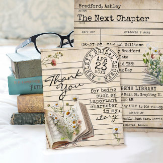Cartão De Agradecimento Vintage Library Card Floral Books Bear Baby Shower