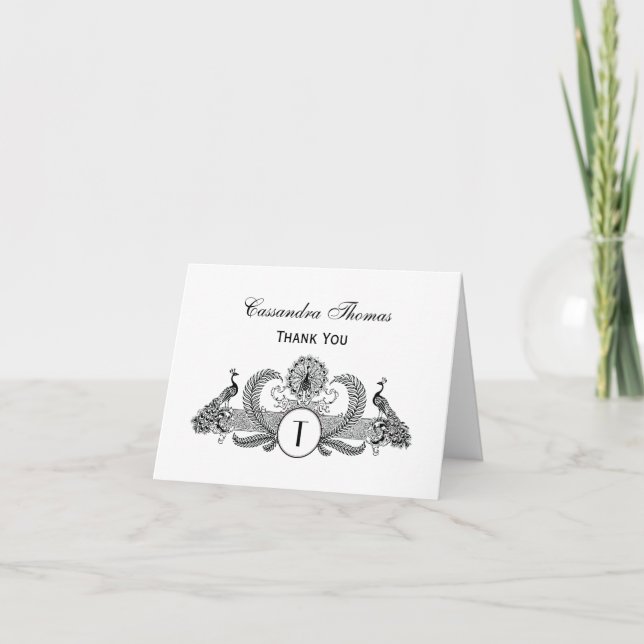 Cartão De Agradecimento Vintage Peacocks Monograma (Frente)
