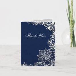 Cartão De Agradecimento vintage renda branca azul marinho casamento obriga