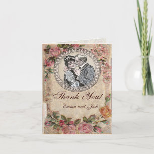 Cartão De Agradecimento Vintage Romance Casal Antiquado Casamento de Rosas