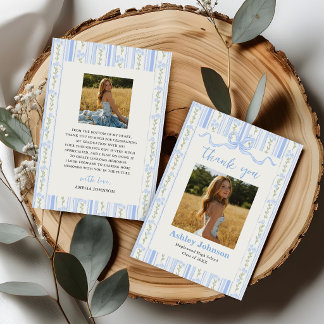 Cartão De Agradecimento Vintage Stripes Blue Bow Graduation Photo