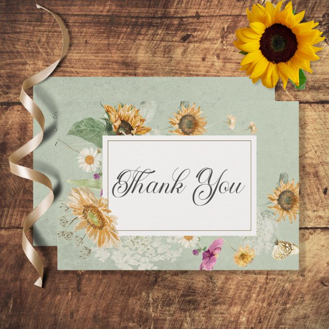 Cartão De Agradecimento Vintage Summer Sunflower Wedding (Criador carregado)