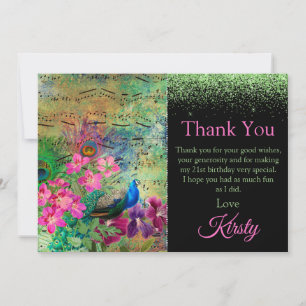Cartão De Agradecimento Vintage Verde e Rosa Peacock Aniversário Obrigado