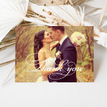 Cartão De Agradecimento Vintage White Script Casamento Foto Obrigado<br><div class="desc">O modelo de cartões de agradecimentos simples e na moda apresenta uma foto horizontal/paisagem com a cobertura formal do roteiro "Obrigado" em branco e uma mensagem personalizada da noiva e do noivo no dentro que pode ser personalizado.</div>