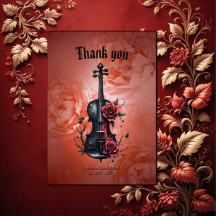 Cartão De Agradecimento Violino preto gótico com rosas vermelhas