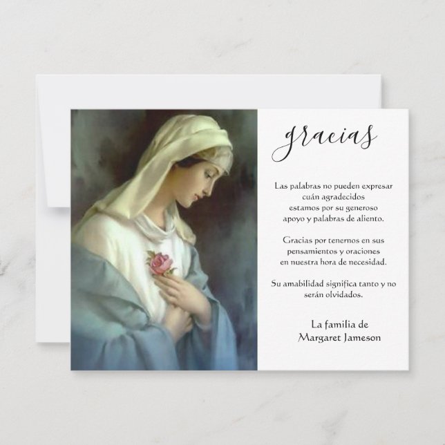 Cartão De Agradecimento Virgem Católica Espanhola Mary Condolência (Frente)