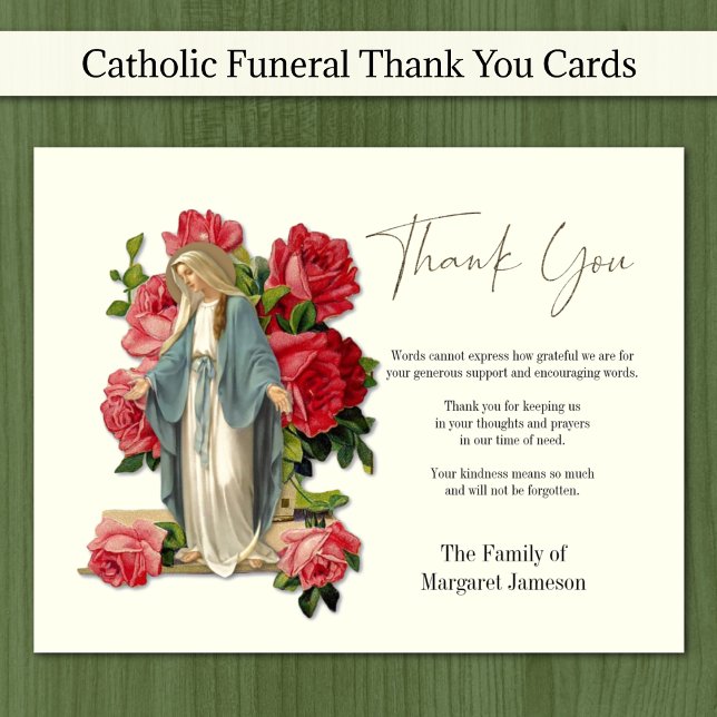 Cartão De Agradecimento Virgem Católica Mary Simpatia de Condolência Funer (Traditional Catholic Blessed Virgin Mary with red roses funeral sympathy thank you cards )
