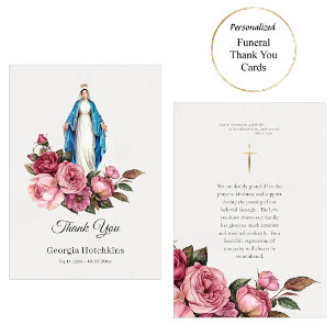 Cartão De Agradecimento Virgem Maria Grande Rosas vermelhas Funeral Católi