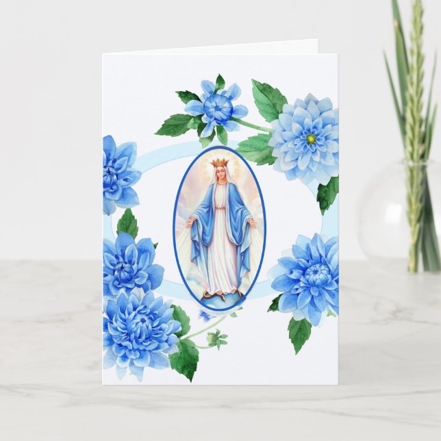 CARTÃO DE AGRADECIMENTO VIRGEM MARIA | OBRIGADA | DALIAS AZUIS (Frente)